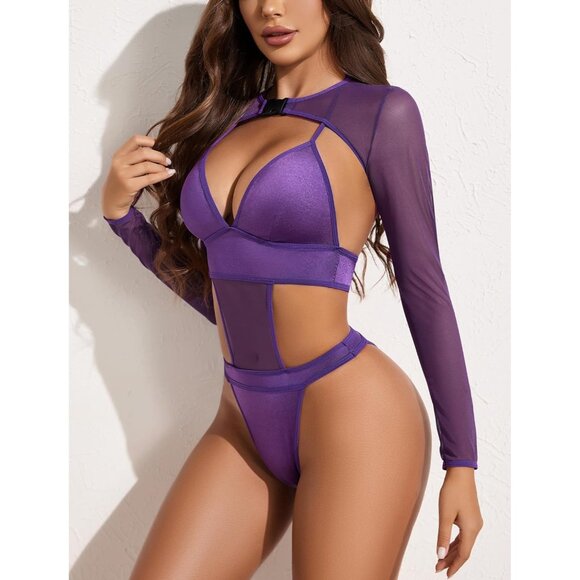 Women Purple Festival Sexy Lingerie Bodysuit Buckle Shrug Crop Top Set Outfits - Picture 3 of 6